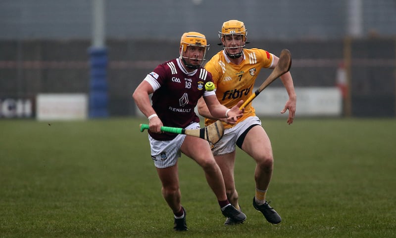 Westmeaths    Davy  Glennon    in action  with   Antrims  Niall  O Connor     in Saturdays  NHL game at Cusack Park  Mullingar