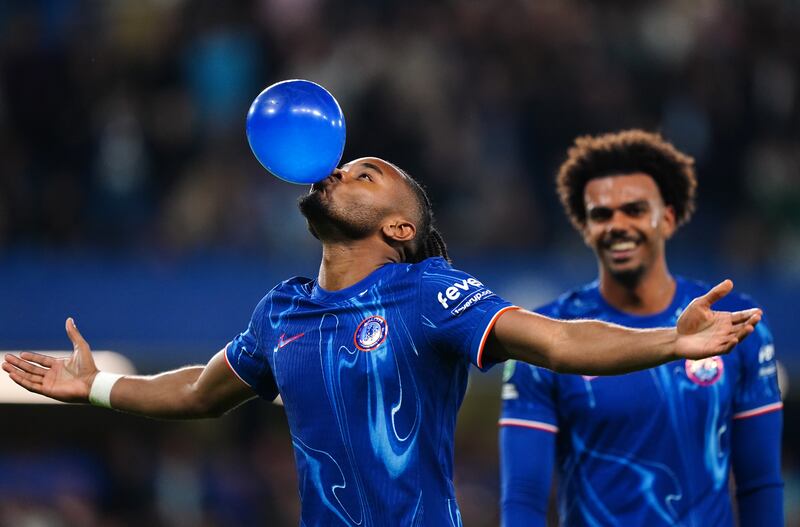 Christopher Nkunku, left, celebrates his Carabao Cup hat-trick against Barrow