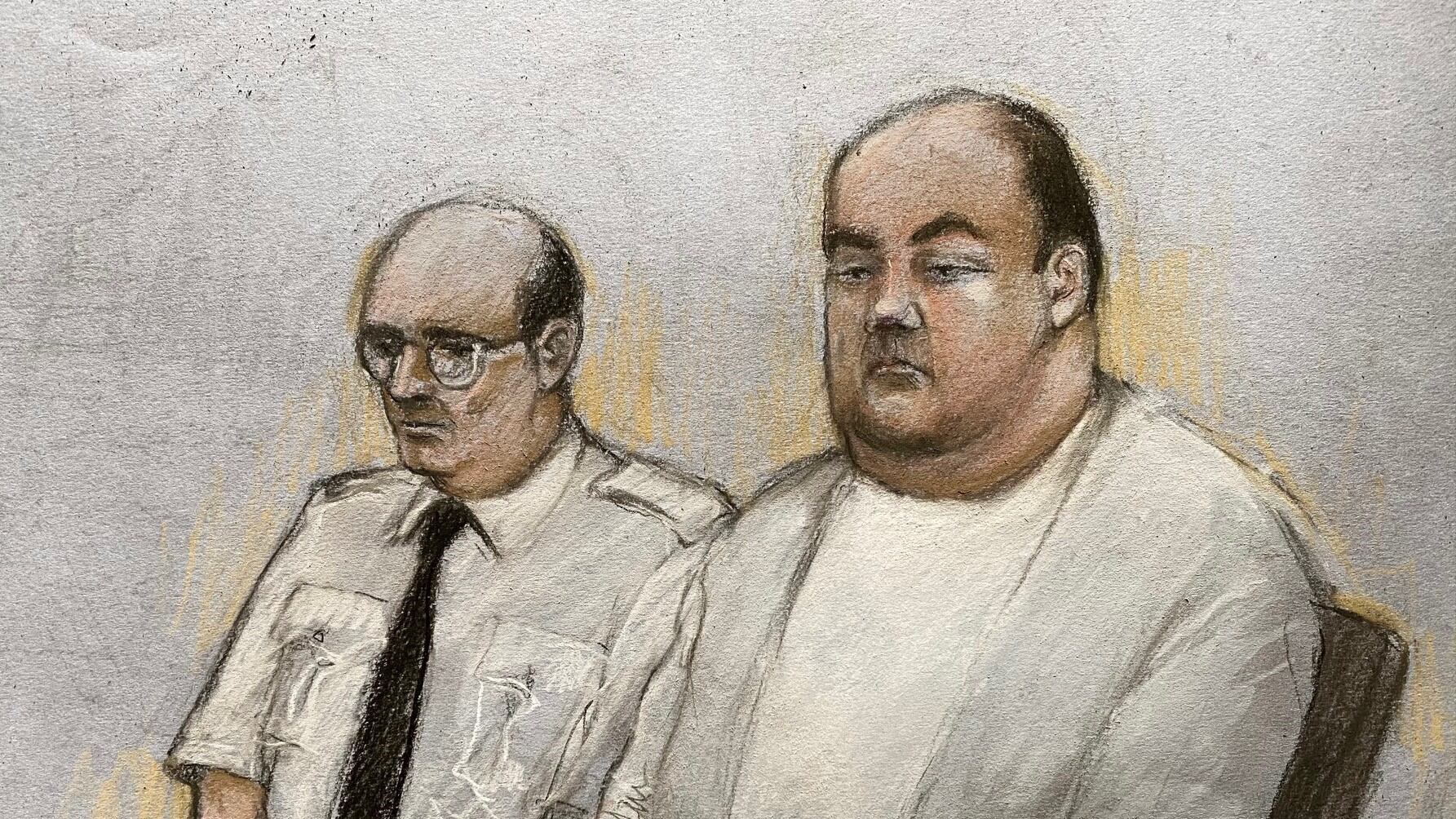 Court artist drawing by Elizabeth Cook of Gavin Plumb (right) who plotted to kidnap and murder Holly Willoughby, appearing at Chelmsford Crown Court
