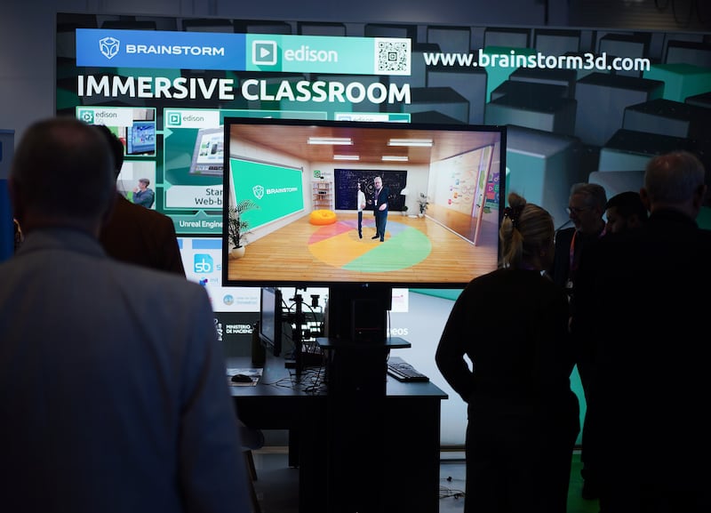 Exhibitor Brainstorm showcasing its immersive classroom technology, at the annual British Educational Training and Technology conference at ExCeL London