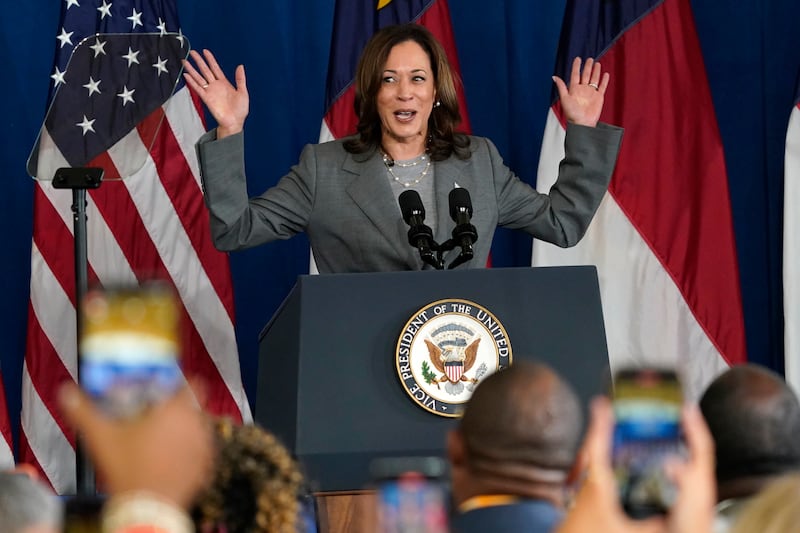 Vice president Kamala Harris speaks at a campaign event on, July 11, 2024. (Chuck Burton/AP)