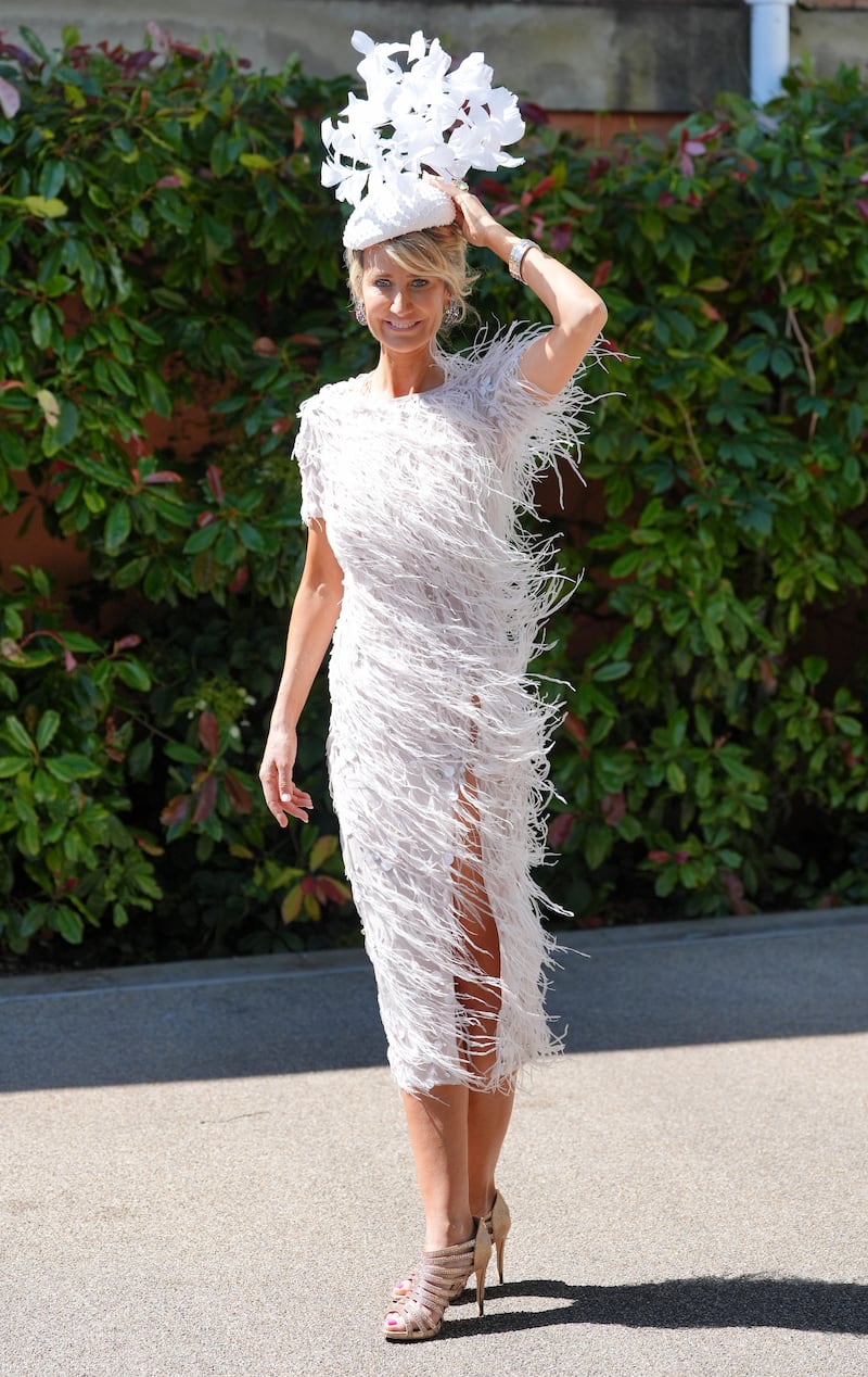 Lady Victoria Hervey in feathered slit dress and pearl feathered hat