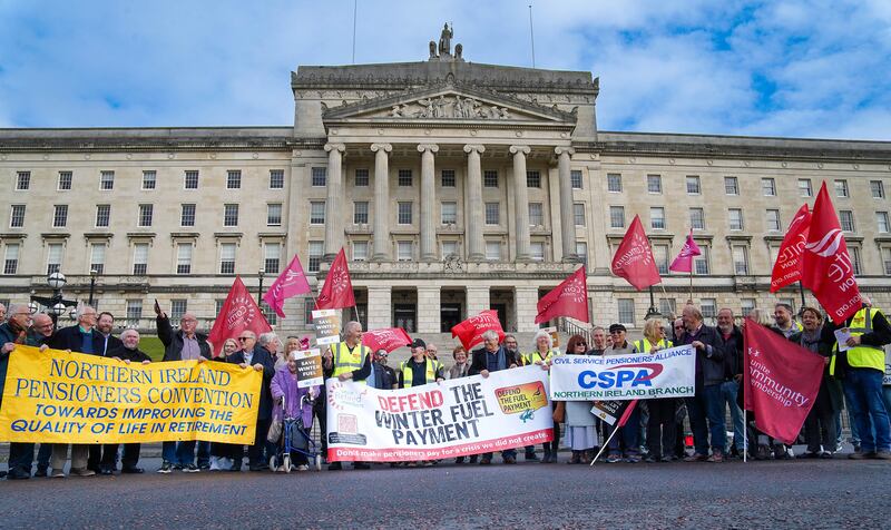 The National Pensioners Convention in Northern Ireland hold a protest at Stormont over the government’s new policy  on the Winter Fuel Allowance for pensioners. PICTURE: JORDAN TREANOR