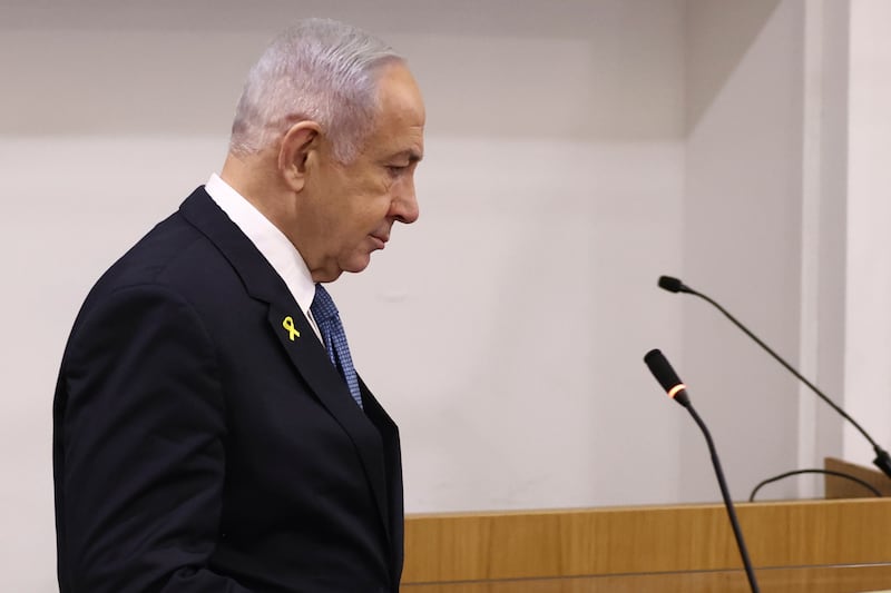 Benjamin Netanyahu attends his trial on corruption charges (Stoyan Nenov/Pool Photo via AP)