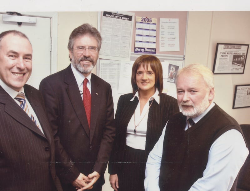 Sinn Féin president Gerry Adams and party chair Mitchel McLaughlin with Pat McArt and Jean Long, Journal advertising director, during a visit to the Journal in the 1990s