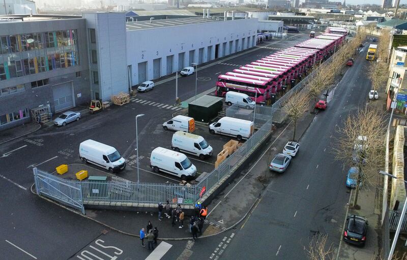 Buses parked up  at Duncrue  Street in Belfast on Thursday.
The latest industrial action comes as legislation is to be debated which could lead to the restoration of the Northern Ireland Assembly and Executive in the coming days.
PICTURE: COLM LENAGHAN