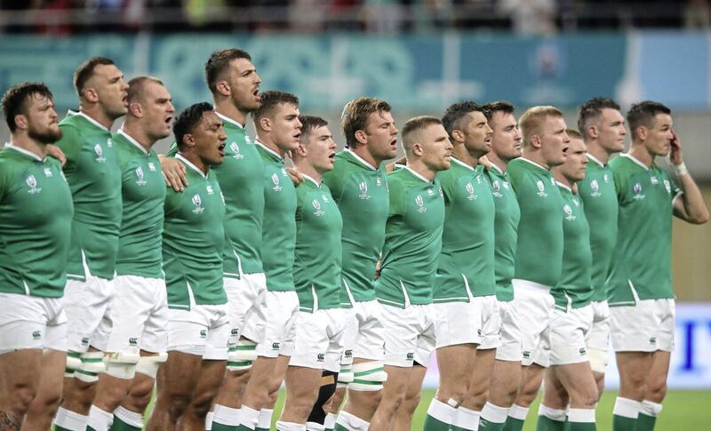 Ireland players line up for pre-match anthems during the 2019 Rugby World Cup. A specially commissioned song by Phil Coulter, Ireland’s Call, has been played since the 1995 world cup