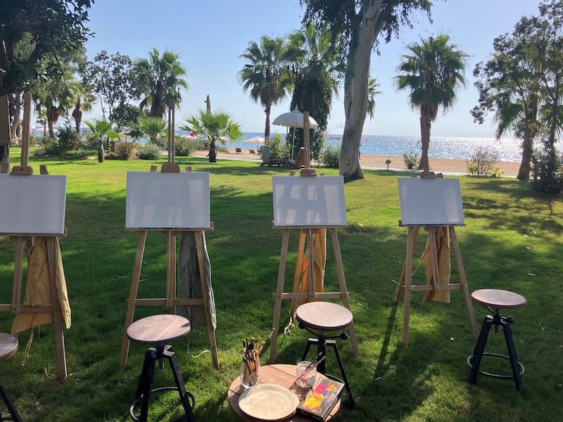 Easels were set up overlooking the sea for art class