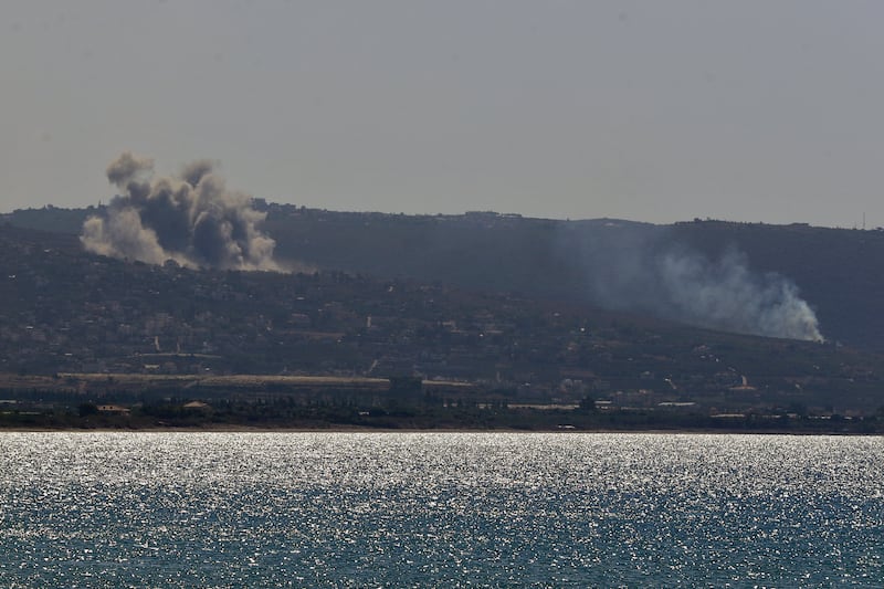 Smoke rises from Israeli airstrikes on Mansouri village, as it is seen from the southern city of Tyre, south Lebanon (AP/Mohammed Zaatari)