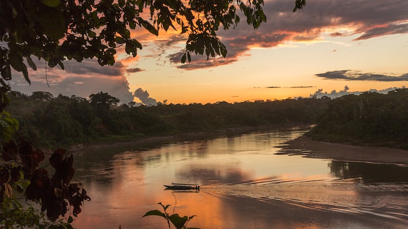 Sunset on the Madre de Dios river in the Peruvian Amazon