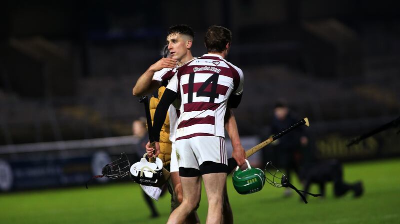 Shane McGuigan and Brendan Rogers celebrate after Slaughtneil's epic Ulster semi-final win over Cushendall on Saturday night. Picture: Seamus Loughran