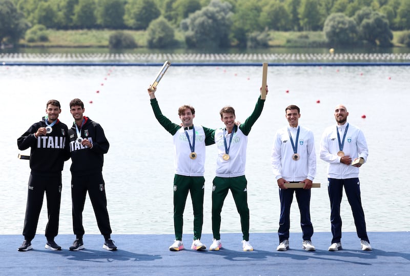 Gold medalists Fintan McCarthy and Paul O'Donovan of Team Ireland take centre stage (Photo by Alex Davidson/Getty Images)