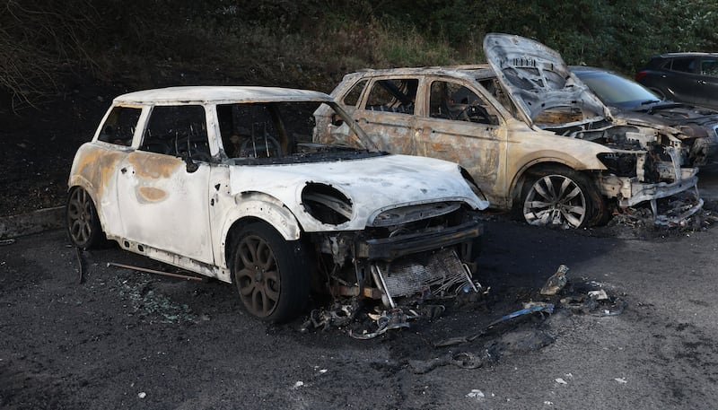 Three cars have been destroyed in an arson attack in Inver Road in Larne.
PICTURE COLM LENAGHAN