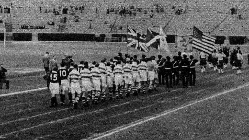 Belfast Celtic and Scotland parade prior to the game at New York's Triborough Stadium on May 29, 1949