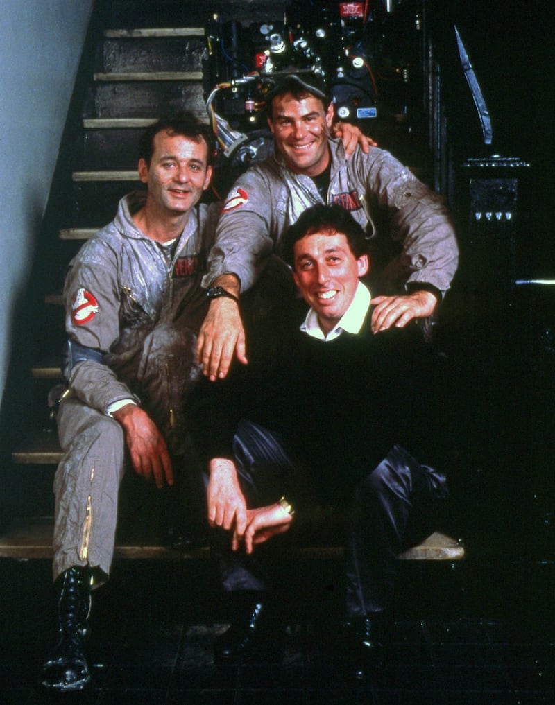 Bill Murray, Dan Aykroyd and Ivan Reitman on the set of Ghostbusters