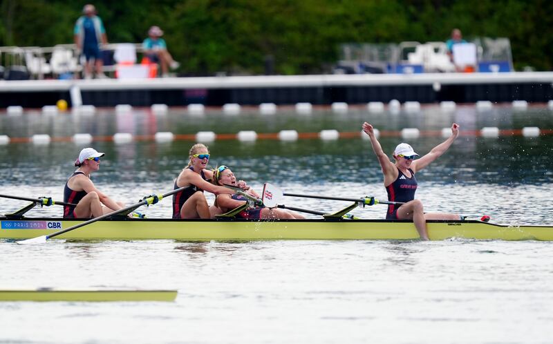 Team GB’s Lauren Henry, Hannah Scott, Lola Anderson and Georgie Brayshaw celebrate winning gold in a photo-finish in the women’s quadruple sculls