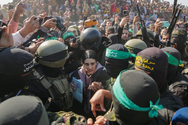 Israeli captive Arbel Yehoud is handed over to the Red Cross in Khan Younis (Jehad Alshrafi/AP)