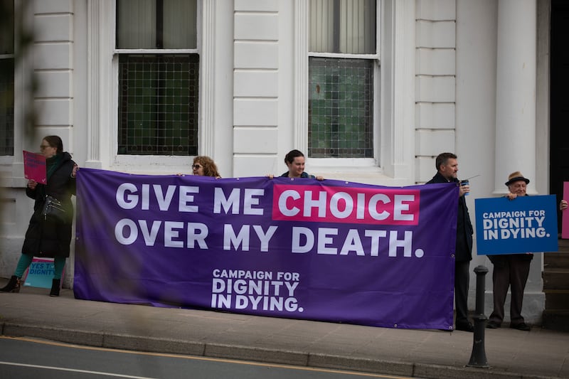 Supporters of the Assisted Dying Bill gathering outside Tynwald, the Isle of Man’s parliament