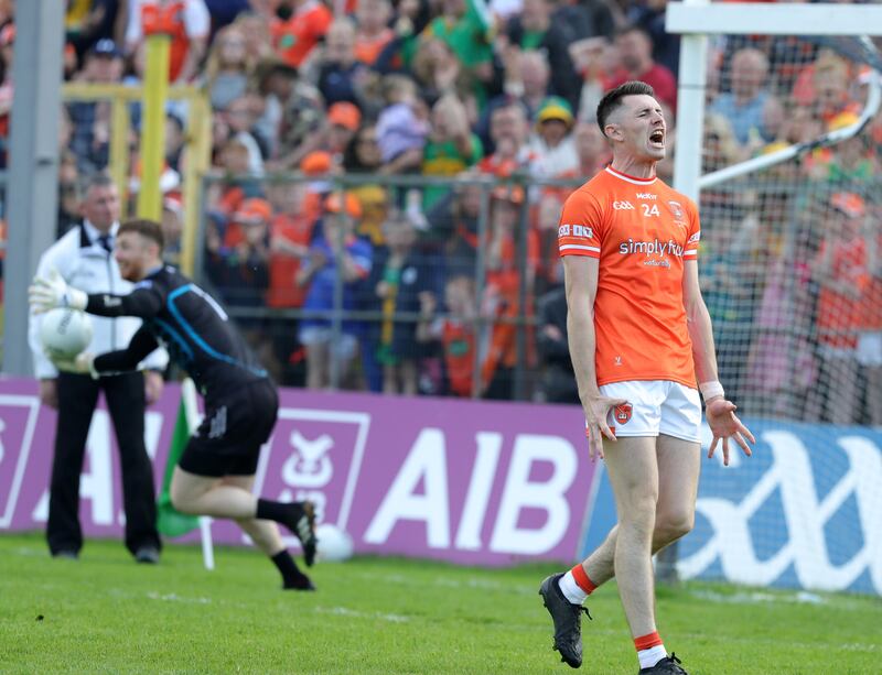 Armagh's Shane McPartlan reacts after his penalty is saved by Donegal's Shaun Patton in the Ulster SFC final in Clones
Picture: Philip Walsh