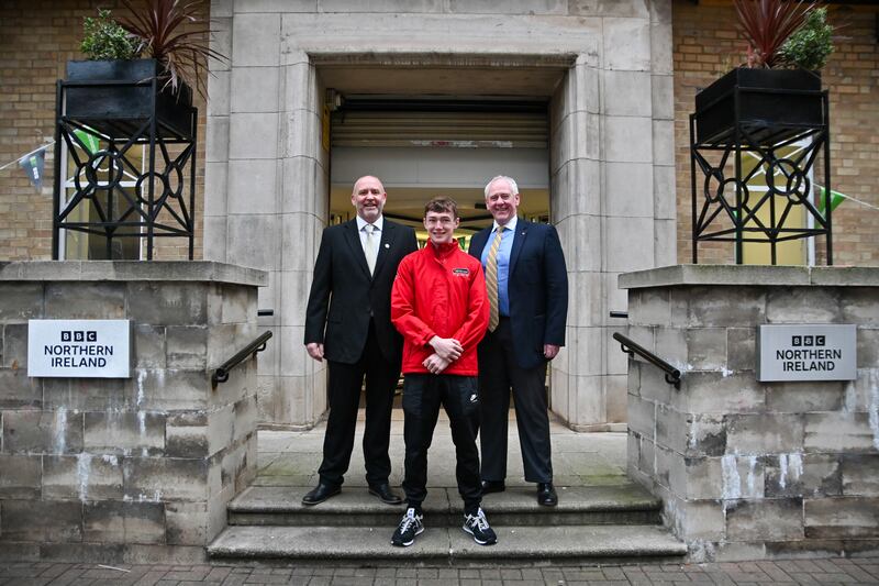 Mark Dunlop, Paul McClean and unbeaten Colm Murphy outside Broadcasting House in Belfast. Picture: Mark Mead