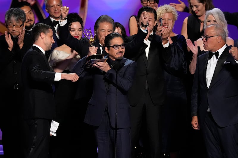 Justin Marks, left center, and Hiroyuki Sanada, center right, and the team from Shogun accepts the award for outstanding drama series during the 76th Primetime Emmy Awards (Chris Pizzello/AP)