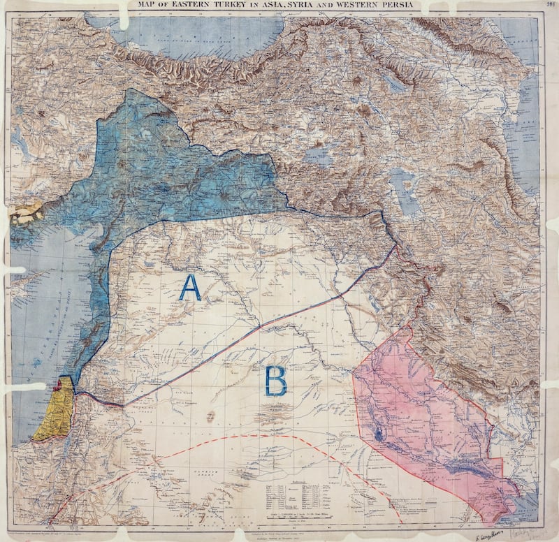 A map signed by Mark Sykes and François Georges-Picot in May 1916 showing areas of control and influence in the Middle East agreed between the British and the French