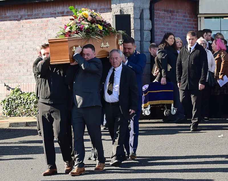 Pacemaker Press 10-10-2024:  Funeral Service took place on Thursday 10th October of mother Gina Murray in Melville Morgan Funeral Home in Bangor. Dearly loved partner of Paul and loving mother of Gary and the late Paul, George and Leanne, much loved and loving grandmother of Ashley, Toni, Brandon and Courtney, devoted great grandmother to her seven great grandchildren.
Committal afterwards was in Roselawn Crematorium.
Picture By: Arthur Allison/Pacemaker Press.