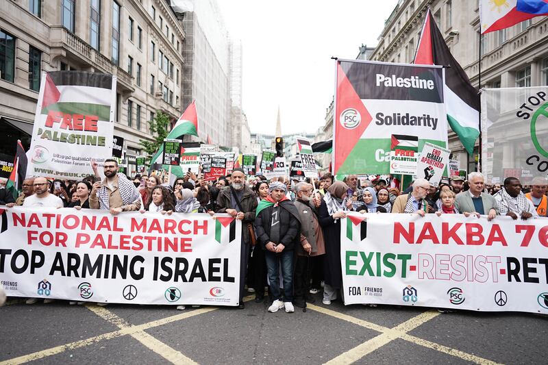 People take part in a Nakba 76 pro-Palestine demonstration and march in London