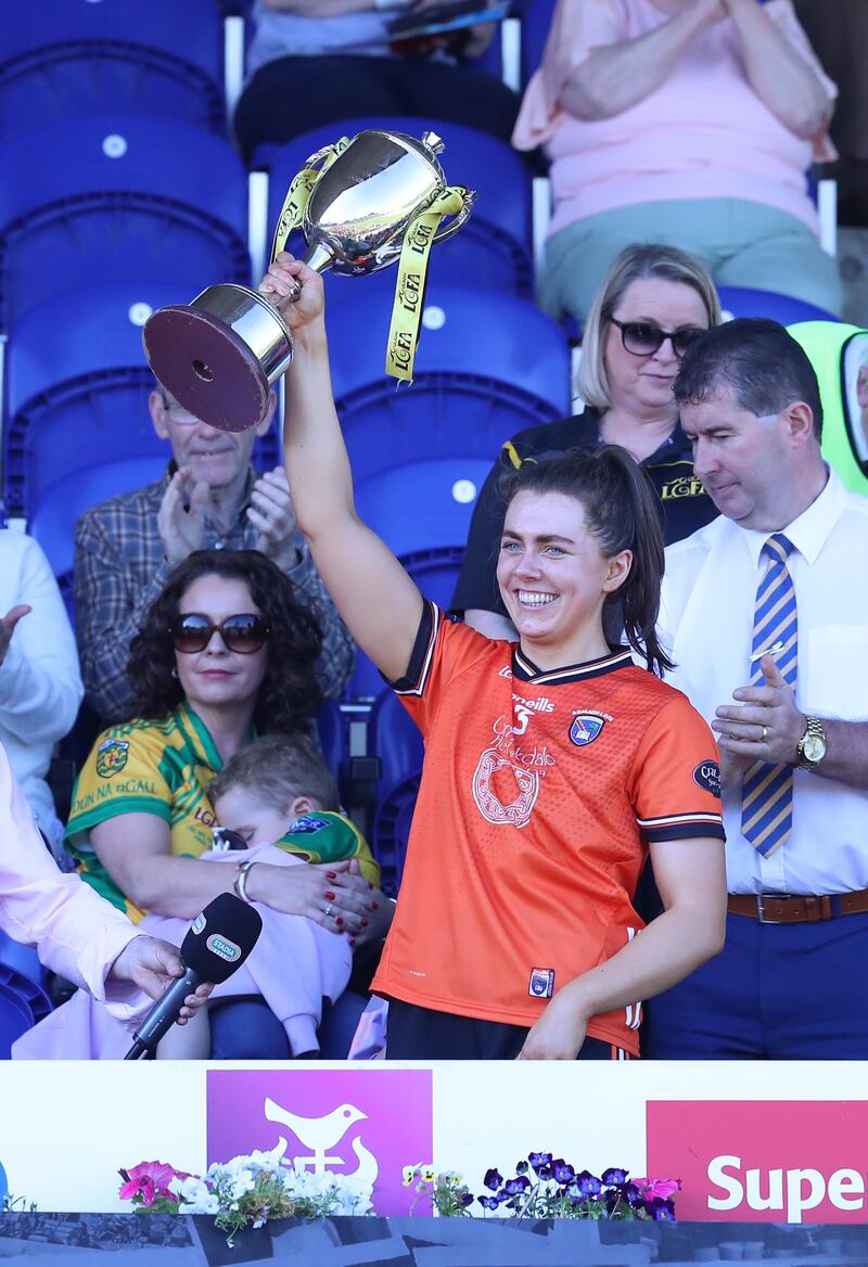 Armagh's Clodagh Mc Cambridge lifts the trophy after the aTG4 Ulster Ladies Senior Championship Final between  at St Tiernach's Park Clones. Picture: Philip Walsh