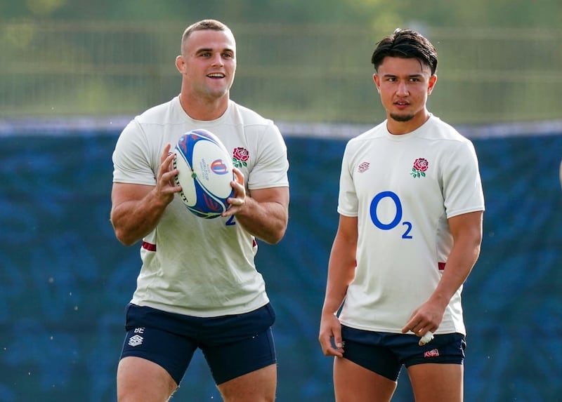 England’s Ben Earl and Marcus Smith during a training session