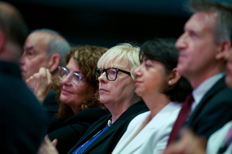 Ministers including Dame Diana Johnson, Angela Eagle and Dan Jarvis listen to Yvette Cooper speaking at the Labour Party conference