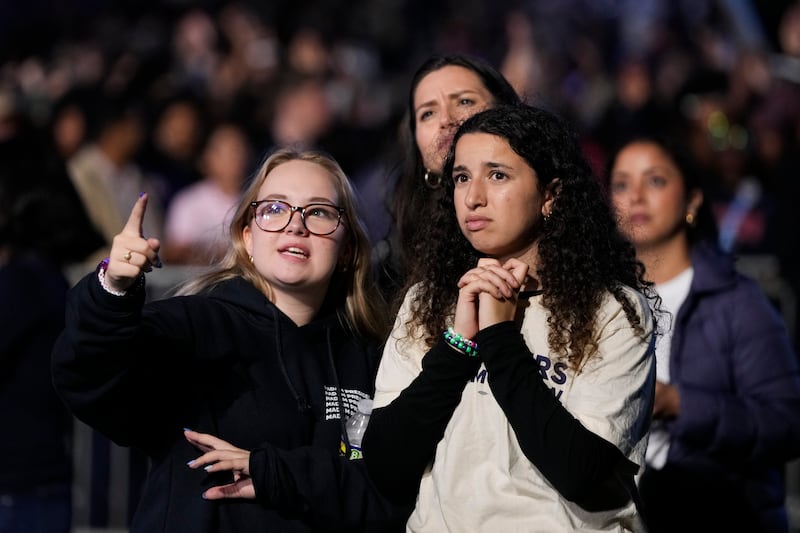 Supporters of Kamala Harris look at election results on the campus of Howard University in Washington (Mark Schiefelbein/AP)