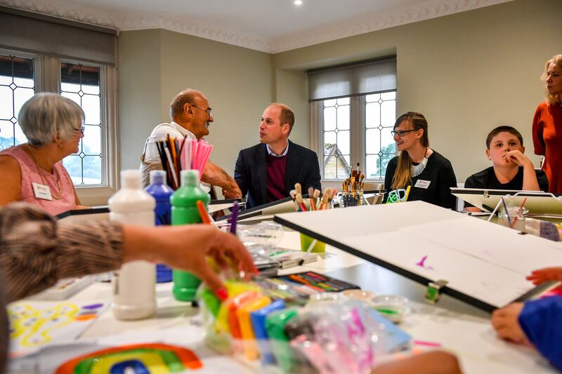 William with former firefighter Richard Baldwin in an art therapy session during a visit to The Fire Fighters Charity’s Harcombe House centre in Chudleigh, Devon