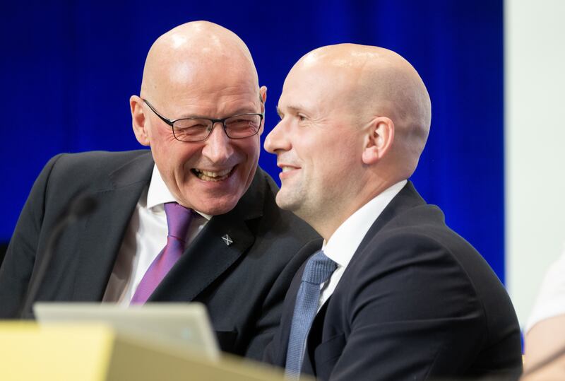 Stephen Flynn (right) insisted he was ‘genuinley just glad’ that John Swinney (left) was SNP leader and Scottish First Minister.