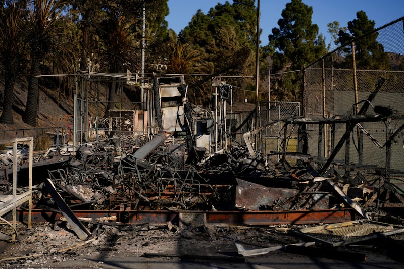 Buildings near athletic fields at Palisades High School in the aftermath of the Palisades Fire in the Pacific Palisades neighbourhood of Los Angeles (Carolyn Kaster/AP)