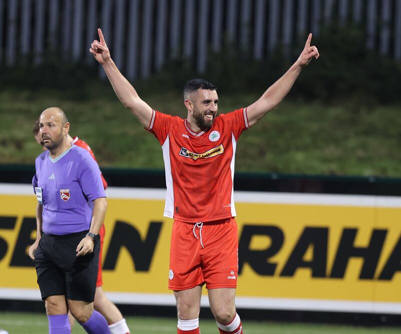 Cliftonville's Joe Gormley celebrates his hat-trick against Loughgall at Solitude