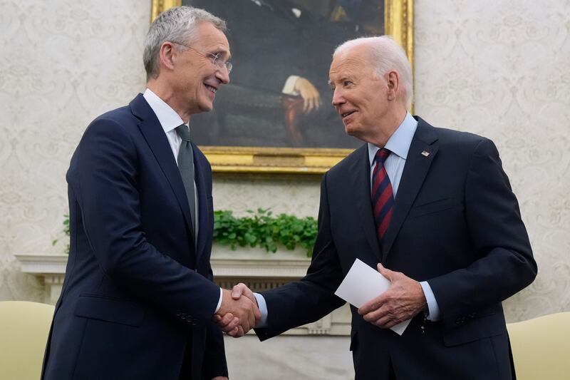 US President Joe Biden meets Nato secretary-general Jens Stoltenberg in the Oval Office at the White House (Mark Schiefelbein/AP)