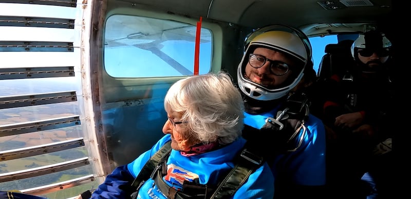 Manette Baillie prepares to leap out of the plane (UK Parachuting and Goldster)