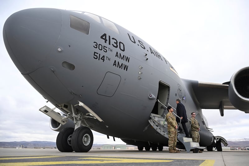 Antony Blinken boards a plane after his meetings in Ankara (Andrew Caballero-Reynolds/AP)