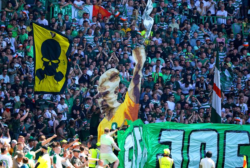 A banner of Celtic goalkeeper Joe Hart in the stands