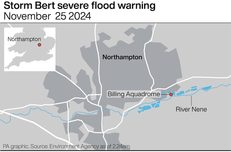 Storm Bert severe flood warning. See story WEATHER Bert. Infographic PA Graphics. An editable version of this graphic is available if required. Please contact graphics@pamediagroup.com.