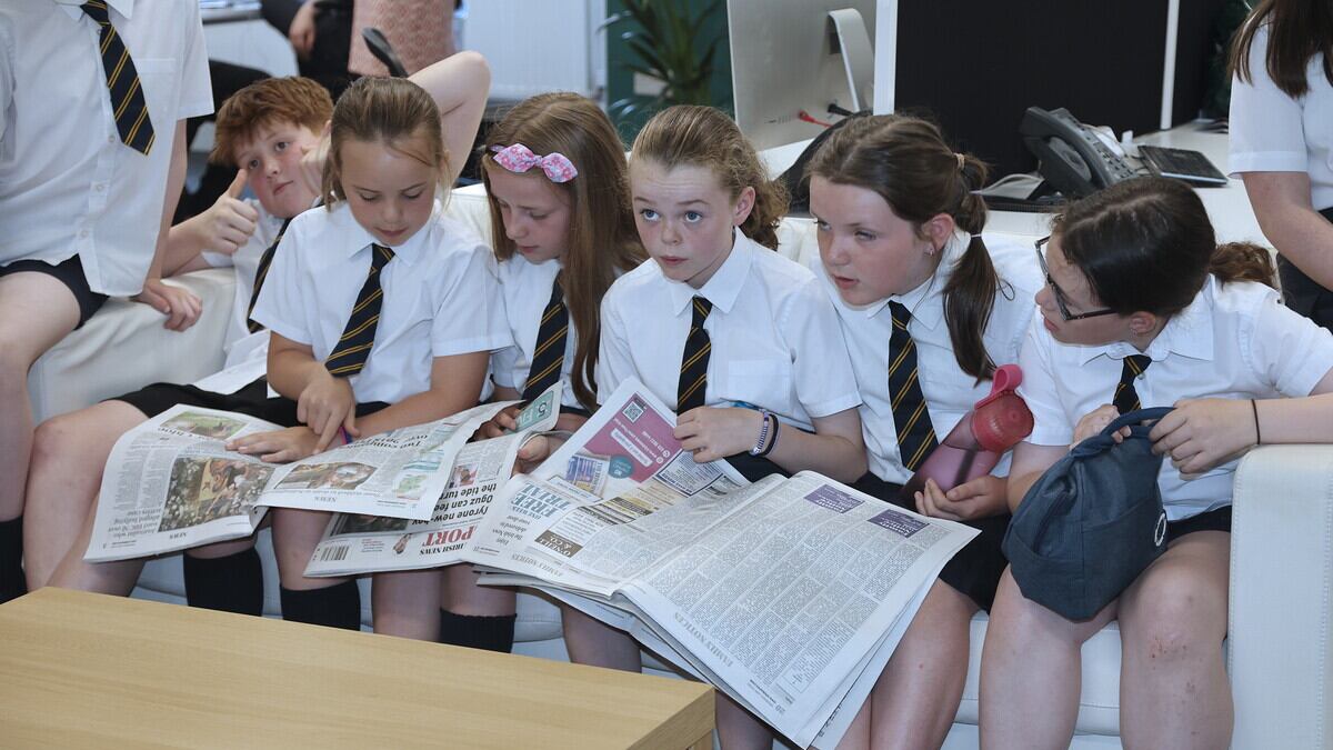 Pupils from St. Eoghan’s Primary School in Draperstown visiting new offices of the Irish News on Thursday.