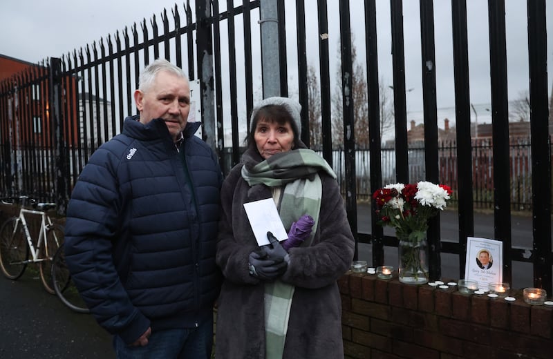 Family and Friends during a vigil   from Writer’s Square to Henry Place in Belfast on Saturday.
Gary McMahon (58) died last month as a result of injuries sustained in a collision with a lorry.
PICTURE COLM LENAGHAN