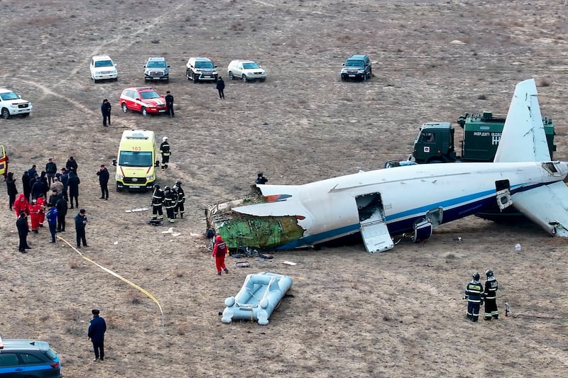 The wreckage of Azerbaijan Airlines Embraer 190 on the ground near the airport of Aktau, Kazakhstan (Azamat Sarsenbayev/AP)