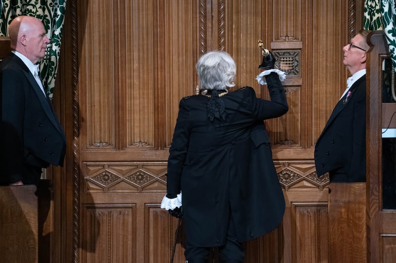 Black Rod, Sarah Clarke, bangs on the door of the House of Commons chamber ahead of the King’s Speech