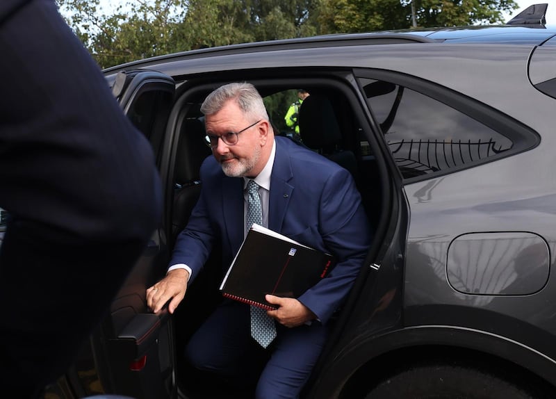 Sir Jeffrey Donaldson exits a vehicle ahead of entering Newry Courthouse on Tuesday. PICTURE: COLM LENAGHAN