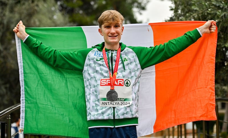 U23 Men's silver medallist Nick Griggs with his silver medal after the SPAR European Cross Country Championships 2024 at Dokuma Park in Antalya, Turkiye. Photo by Tyler Miller/Sportsfile