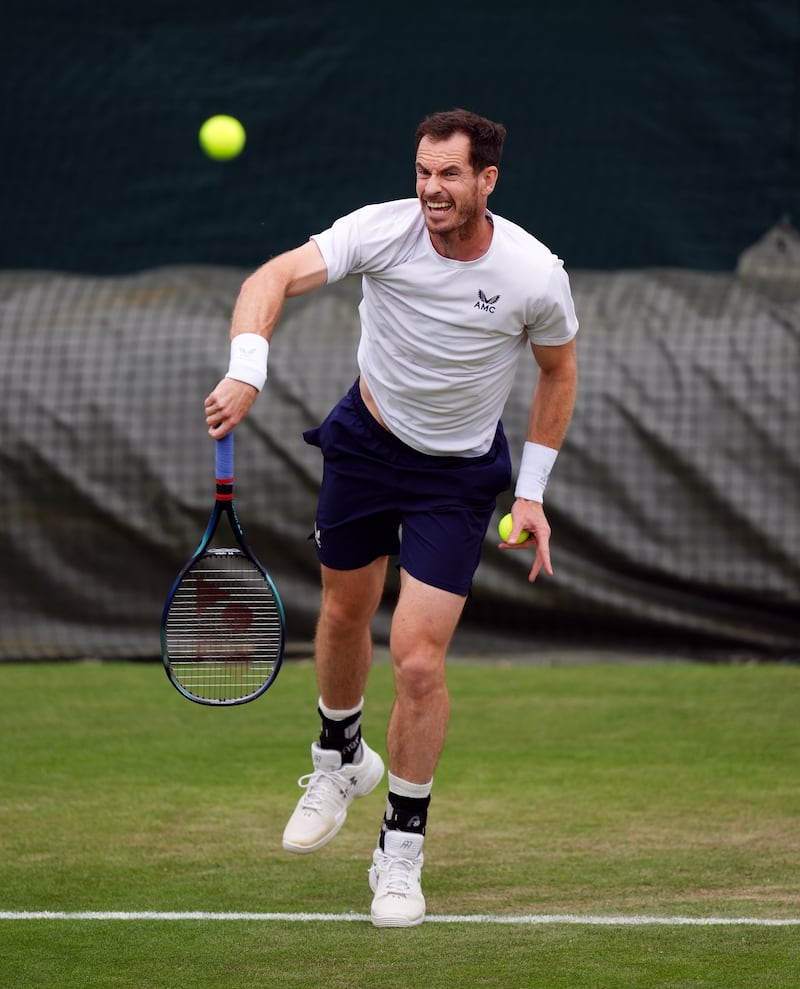 Andy Murray practising on day one of Wimbledon