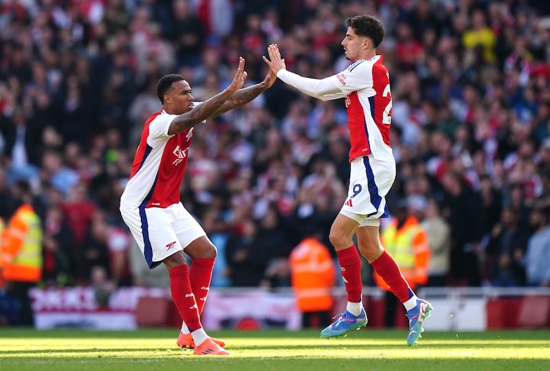 Kai Havertz (right) celebrates scoring Arsenal’s equaliser against Southampton