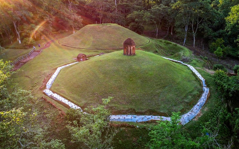 An aerial view of the burial mounds in Charaideo (Anupam Nath/AP)